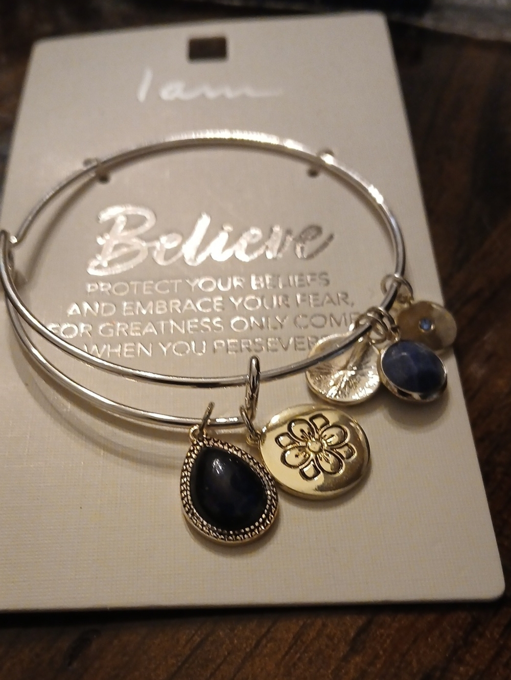 Silver Bangle Bracelet with Navy Blue and Gold Charms
